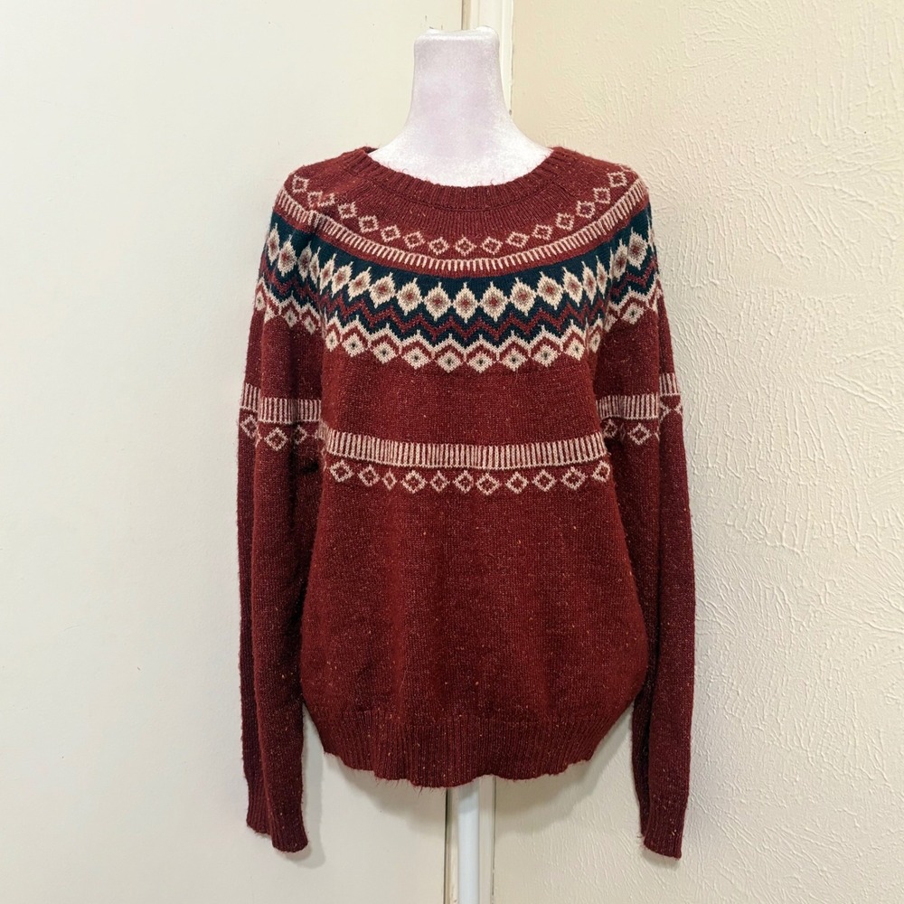 Weatherproof Vintage Fair Isle Knit Sweater Burgundy Red Nordic Speckle Fall L